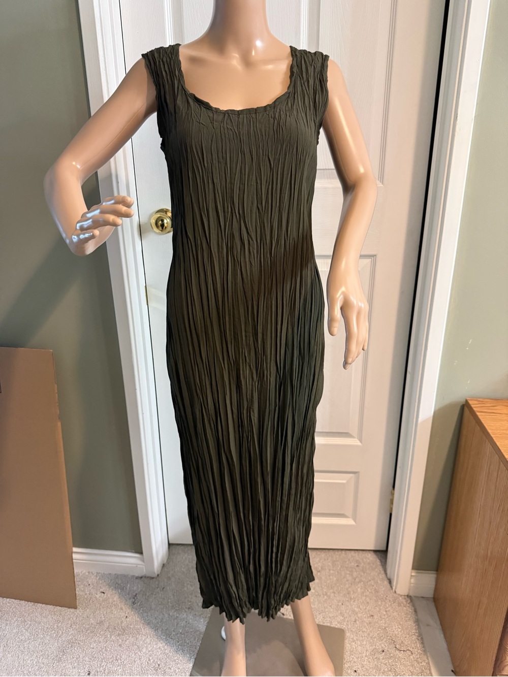 Babette Crinkle Tank Dress Womens XS Pleated Maxi Minimalist Lagenlook Brown